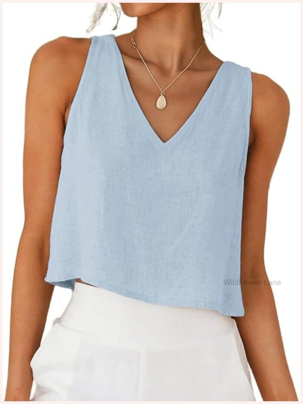 Linen Crop Tank Top - V Neck Sleeveless Blouse Summer Casual Loose Fit